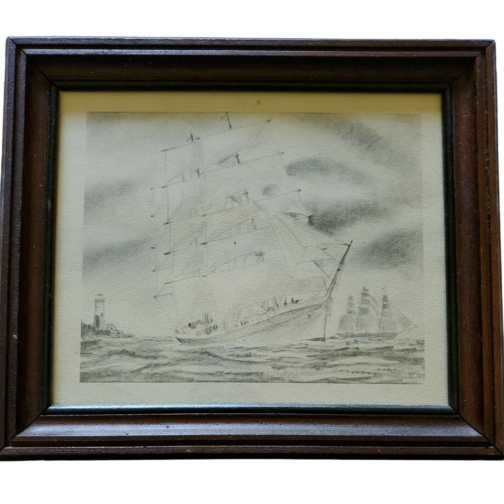 Framed Print Clipper Ships and Lighthouse Scene Pencil Drawing 12" x 14" Glass